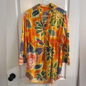Vintage Jams World Collarless Cinch Waist Tie Tunic Sienna Orange Floral XS